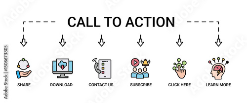 Call to action banner web icon set vector illustration concept with icon of download, share, learn more, watch our video, contact us, subscribe, and click here icons symbol easy to edit
