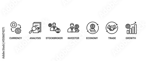 Forex banner web icon set vector illustration concept with icon of currency, economy, trade, investor, growth, analysis and stockbroker icons perfect symbol background