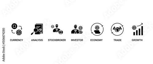 Forex banner web icon set vector illustration concept with icon of currency, economy, trade, investor, growth, analysis and stockbroker icons perfect symbol background