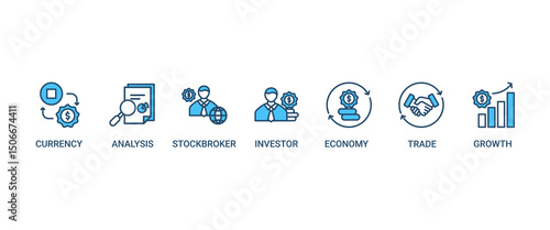 Forex banner web icon set vector illustration concept with icon of currency, economy, trade, investor, growth, analysis and stockbroker icons perfect symbol background