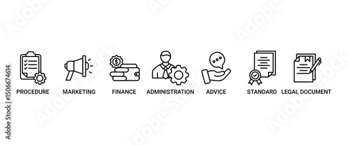 Guideline banner web icon set vector illustration concept with icon of rule, procedure, legal document, standard, administration, advice, finance, marketing