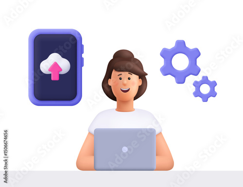 Young smiling woman Jane cloud uploading and transferring data from computer to cloud computing. Digital technology, data information concept. 3d vector people character. Cartoon minimal style.