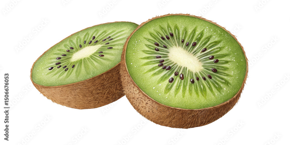 Fototapeta premium Two Halved Kiwis Digital Painting, Isolated on Transparent Background, Fruit Illustration, Green Food, Kiwi, Fruit, Illustration