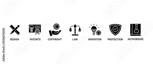 Intellectual property banner web icon set vector illustration concept for trademark with icon of design, patents, invention, authorship, law, copyright, protection, and brand