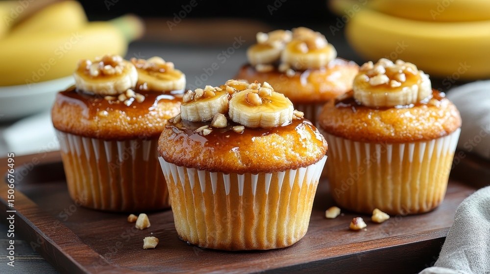 Freshly Baked Banana Cupcakes with Nuts and Caramel Topping Freshly Baked Banana Cupcakes with Nuts and Caramel Topping