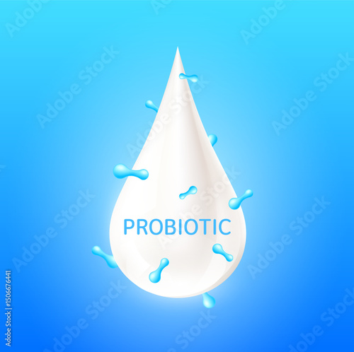 Probiotic in milk droplets. Protein containing essential amino acids for infant. Design products kids food. Medical concepts. 3D Vector.
