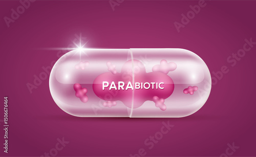 Parabiotic red in translucent capsule. Good bacterial flora for stomach and intestine. Biology lactobacillus. Health care immunity support. Healthy nutrition. Vector.