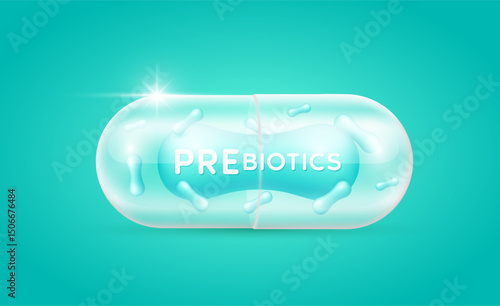 Prebiotic green in translucent capsule. Good bacterial flora for stomach and intestine. Biology lactobacillus. Health care immunity support. Healthy nutrition. Vector.