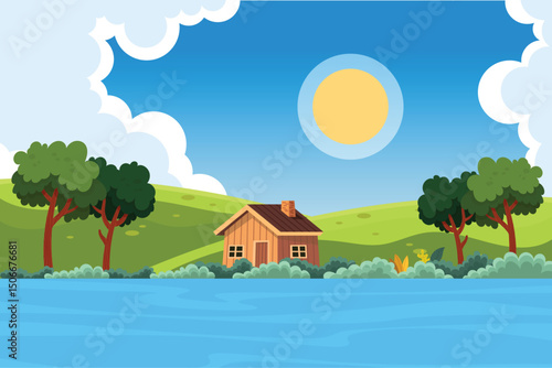 Sunny Countryside Landscape with Cabin and Mountains
