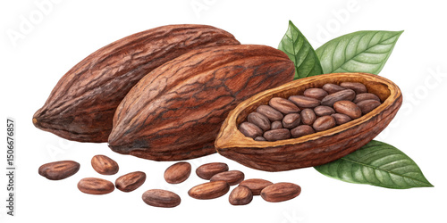 Watercolor Cocoa Pods and Beans, Isolated on Transparent Background, Botanical Illustration, Food, Ingredient, Cocoa, Beans, Chocolate