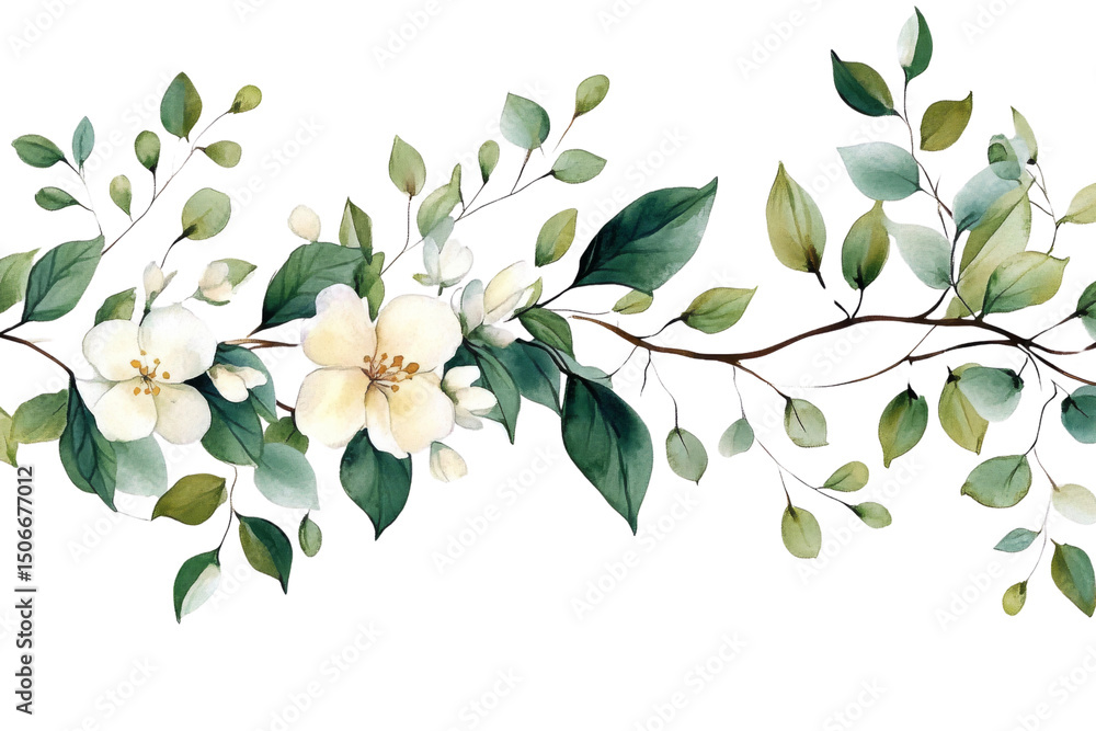 Obraz premium Watercolor Floral Branch, White Flowers, Green Leaves, Isolated on Transparent Background, Botanical Illustration, Floral Arrangement, Wedding Design, Spring Bloom