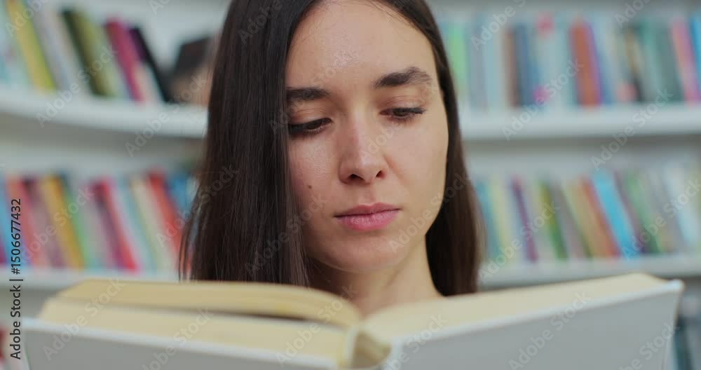 Smiling young girl reading book in library of university and looking at the camera. Self education concept. Smiling young girl reading book in library of university and looking at the camera. Self education concept.