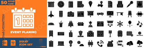 Event Planing Solid Editable Icons set. Vector illustration in modern thin solid style of event planing icons: Management, wedding, entertainment, etc