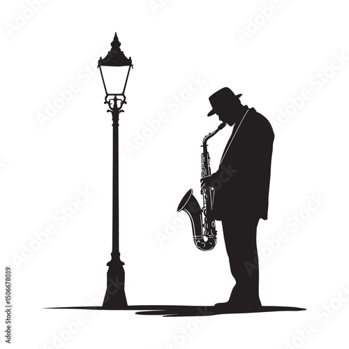 A jazz saxophonist playing under a street light minimalist silhouette design