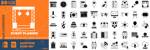 Event Planing Duotone Editable Icons set. Vector illustration in modern thin duotone style of event planing icons: Management, wedding, entertainment, etc