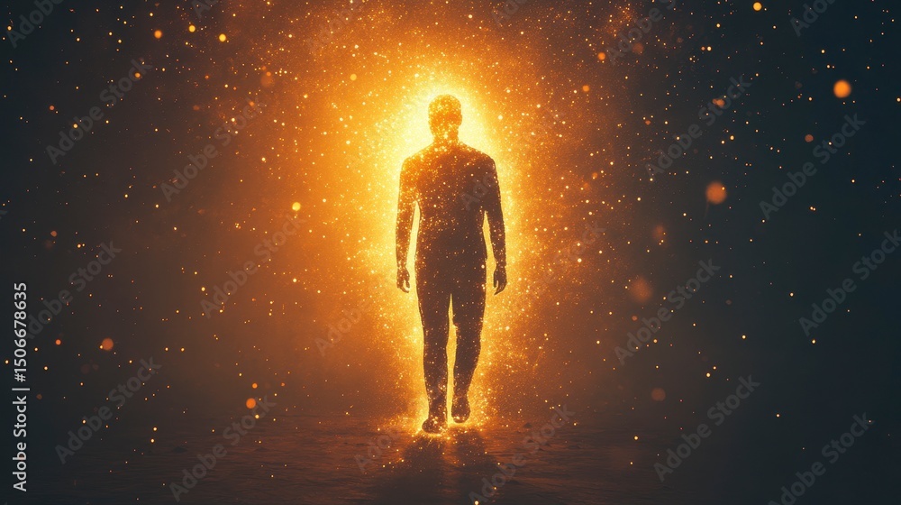 Naklejka premium Ethereal Figure Surrounded by Glowing Particles in Dark Background