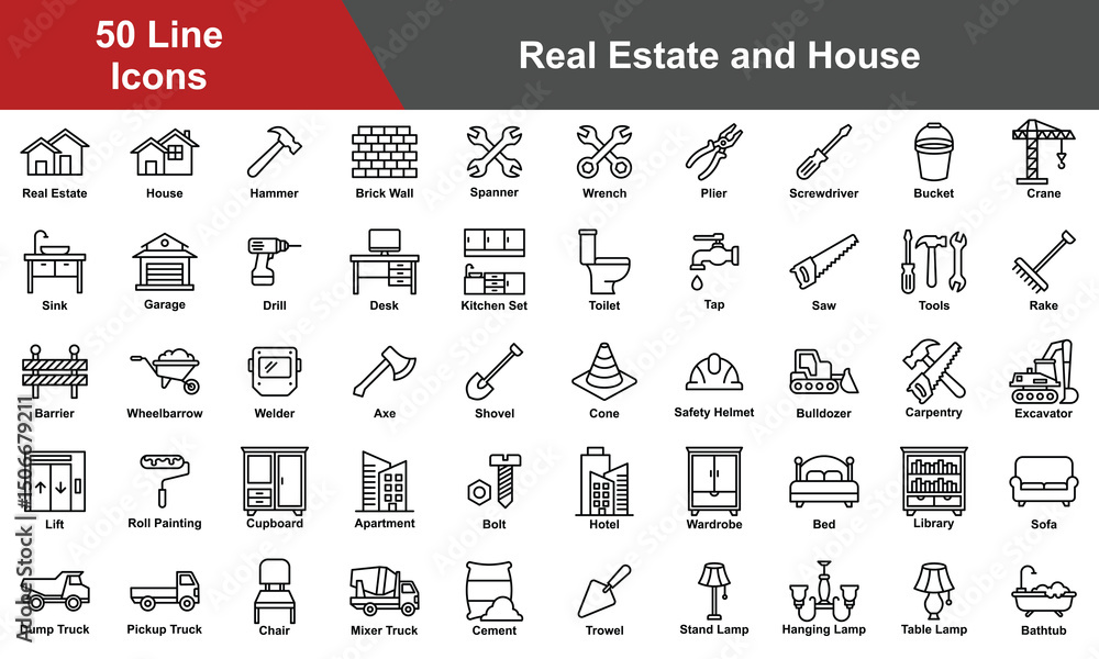 Obraz premium Real Estate and House Icon Set Collection. Containing Real Estate, House, Apartment, Cupboard, Wardrobe, Bed, Library, Sofa, Desk, Kitchen Set, Toilet, Hotel, Lift. Simple Line Vector Illustration.