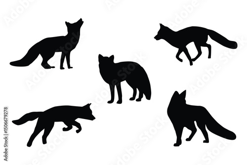 A black and white fox illustration. Fox silhouettes black vector