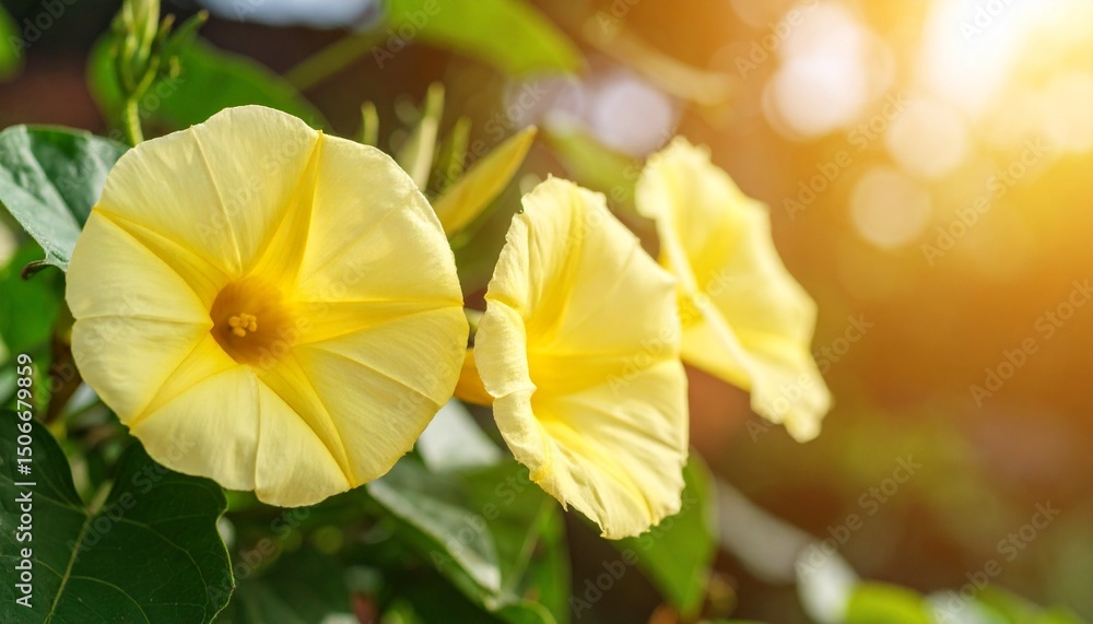 Fototapeta premium レモンイエローの朝顔が自然にぼかされた背景に柔らかく咲き、幻想的で穏やかな朝の雰囲気を繊細に表現している