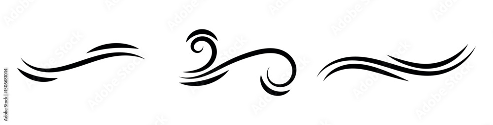 Naklejka premium Black waves and splashes of water set. Swirls, curves and flow of liquid clip art. Silhouette of water flows, vector elements on a white background.