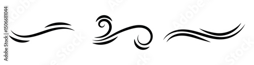 Black waves and splashes of water set. Swirls, curves and flow of liquid clip art. Silhouette of water flows, vector elements on a white background.