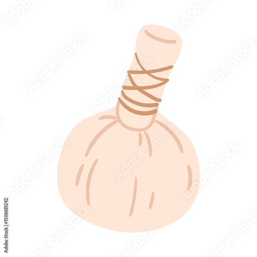 Traditional herbal compress ball wrapped in natural fabric with twine. Hand drawn vector illustration.