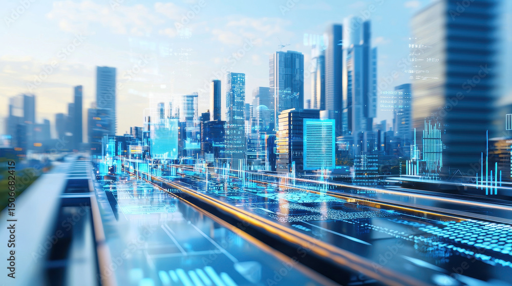 Fototapeta premium Futuristic city skyline with digital elements and technology integration, showcasing innovation and modern architecture