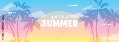Hello Summer: Vector Illustration with Palm Trees and Gradient Sky Background.