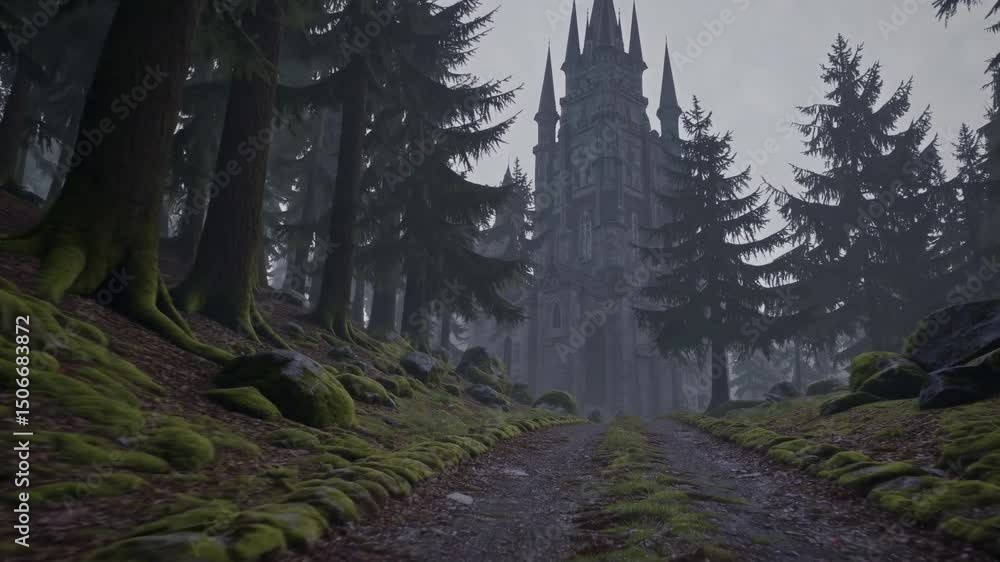 towering gothic castle rises from the heart of a mist-shrouded forest, its spires piercing the sky like obsidian thorns. A narrow dirt path winds through dense, shadowed trees toward the structure towering gothic castle rises from the heart of a mist-shrouded forest, its spires piercing the sky like obsidian thorns. A narrow dirt path winds through dense, shadowed trees toward the structure