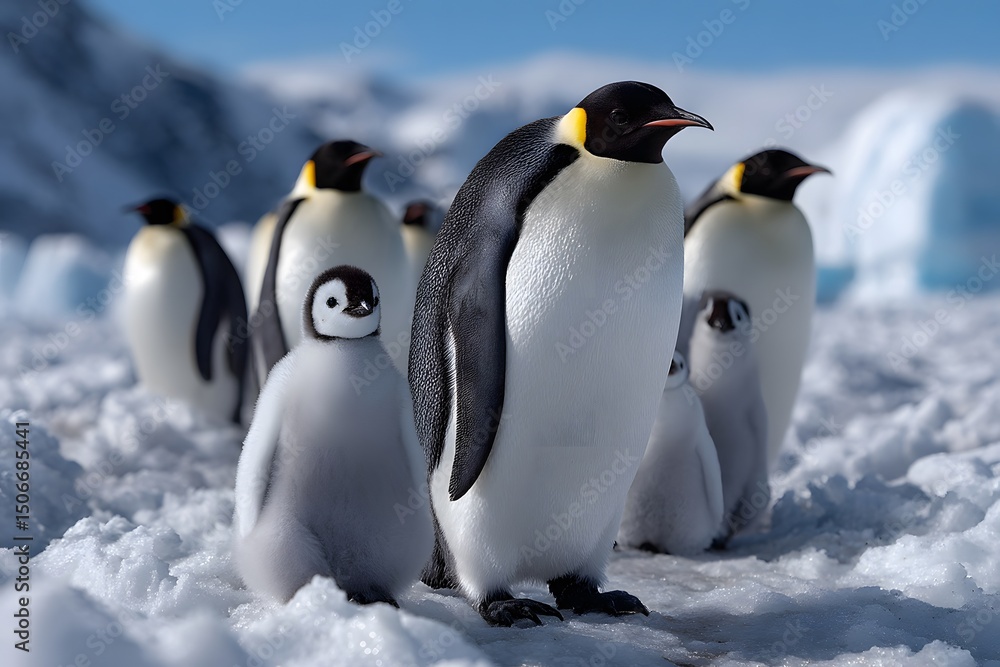 Fototapeta premium Emperor Penguin Family Portrait: Chick and Adults on Antarctic I