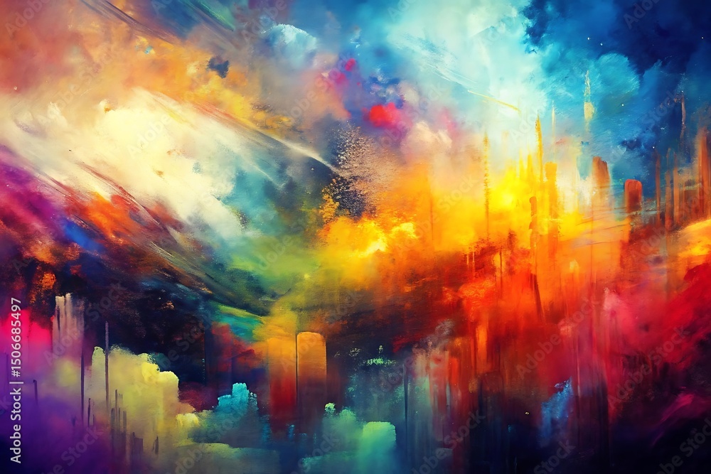 Painting of a city with buildings and a sky Painting of a city with buildings and a sky