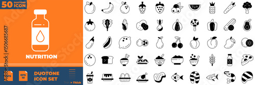 Nutrition Duotone Editable Icons set. Vector illustration in modern thin duotone style of nutrition icons: vegetables, fruits, desserts, etc