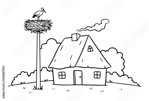 countryside house with stork outline vector