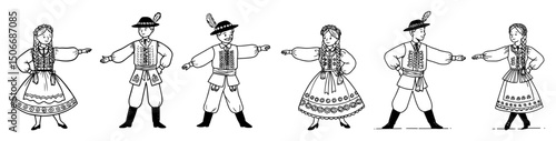 folk dancers in traditional costume outline set