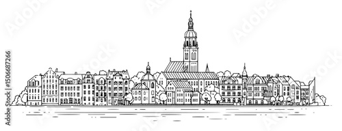old town waterfront panorama outline vector
