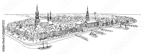old european city aerial view outline vector