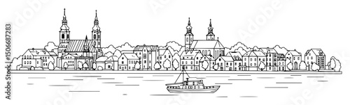 riverfront historic town skyline outline vector