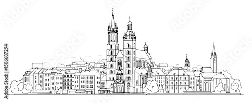 historic city skyline with cathedral black vector outline in child style