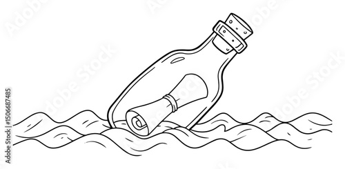 message in bottle floating on sea child style drawing