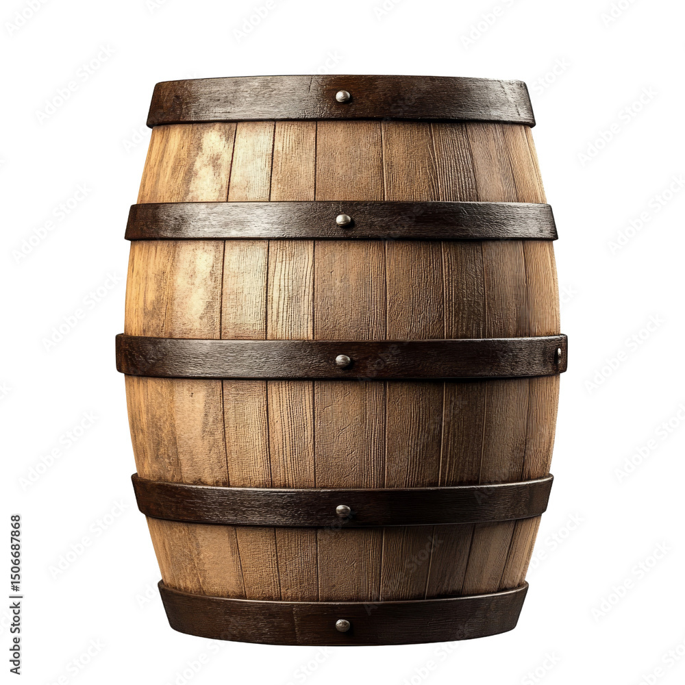 Obraz premium Wooden Barrel, 3D Render, Isolated on Transparent Background, Wine, Whiskey, Alcohol