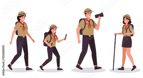 Four Scouts Hiking with Backpacks Binoculars Walking Stick and a Whistle