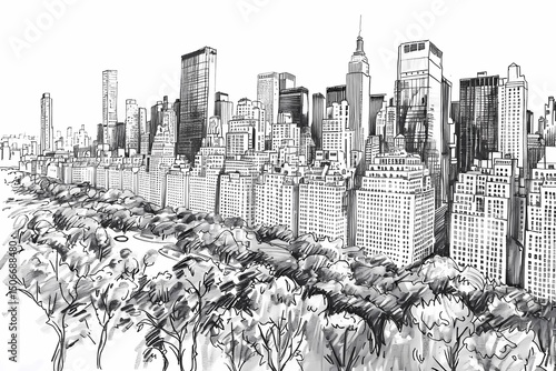 Black and white detailed sketch of new york city skyline with central park, trees, skyscrapers, pen and ink drawing