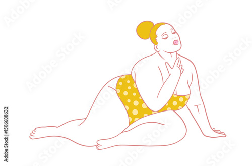 Plus size woman sunbathing in swimsuit  body positivity illustration