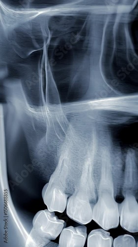 Panoramic X-Ray Radiograph Image Showing Teeth, Jaw, Maxilla, Mandible Bones, and Sinuses for Dental or Medical Illustration