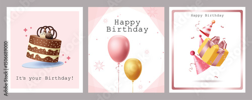 Happy birthday greeting clipart poster set. Happy birthday invitation card template clip art collection in pink border abstract background with chocolate cake, balloons, gift box and party hat element