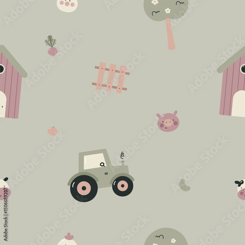 Seamless pattern with farm animals. Kids background. For card, posters, banners, books, printing on the pack, clothes, fabric, wallpaper, textile or dishes.	