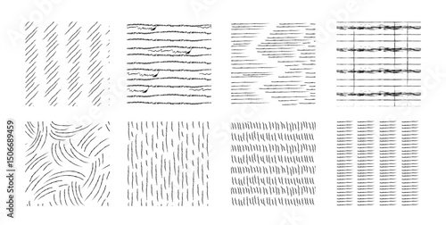 Crosshatch pattern swatches - wavy and zig-zag, striped and checkered textures. Black geometric ink drawing backgrounds with linear shapes. Hand sketched graphic elements for borders, surface designs.