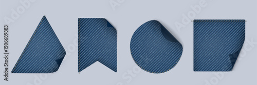 Denim fabric patches collection - blue jeans material cutouts of various shapes. Textured cotton cloth swatches with uneven edges, stitched stripe pattern. Realistic vector set for fashion design.