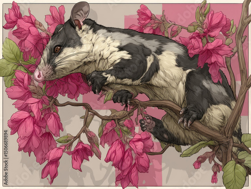 A cute brushtail possum illustrated in a natural setting photo