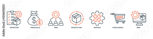 ERP banner web icon set vector illustration concept with icon of inventory, financials, hrm, production, service, purchasing, mrp